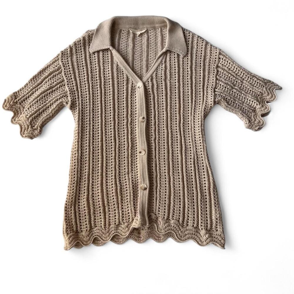 Beige Open Knit Button Up Top
